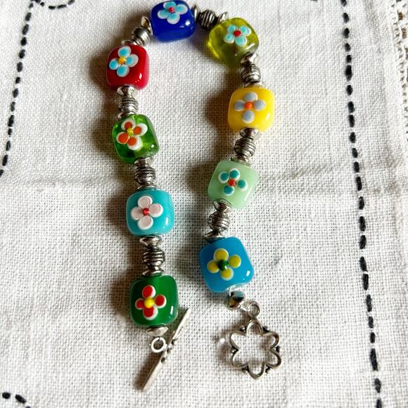 Colorful Square Flower Glass Beaded Bracelet 925 Sterling Clasp - Picture 2 of 11